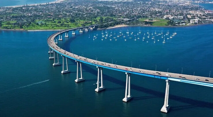 Aerial view of the Coronado Bridge over San Diego Bay